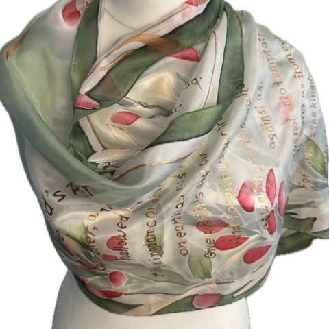 Hand-Painted Christian Green Silk Scarf, The Lord's Prayer size 40cm x 150cm